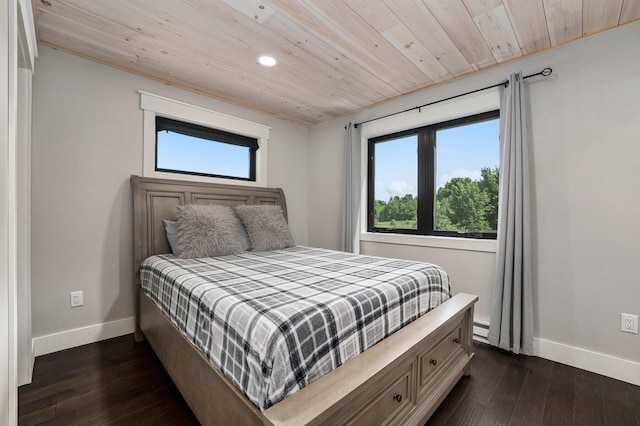 bedroom with multiple windows, dark hardwood / wood-style flooring, and wooden ceiling