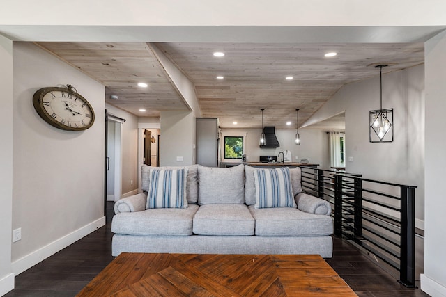 living room with lofted ceiling, wooden ceiling, and dark wood-type flooring