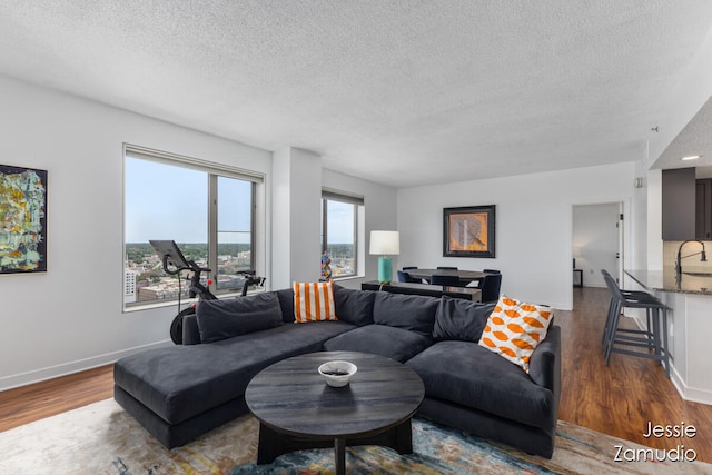 living room with a textured ceiling, hardwood / wood-style flooring, and sink