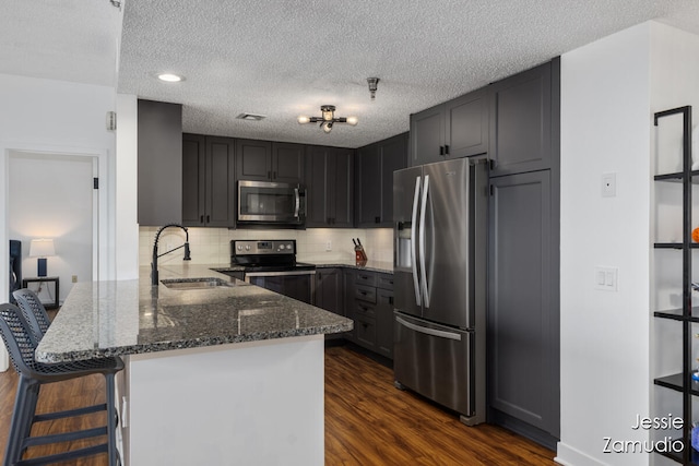 kitchen featuring dark stone countertops, backsplash, dark hardwood / wood-style flooring, stainless steel appliances, and sink