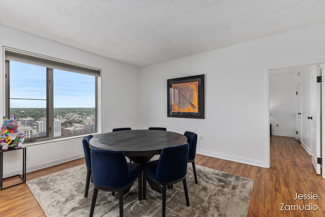 dining room featuring a textured ceiling and dark wood-type flooring