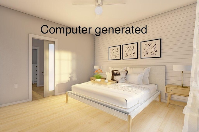 bedroom featuring wood walls, ceiling fan, and hardwood / wood-style floors