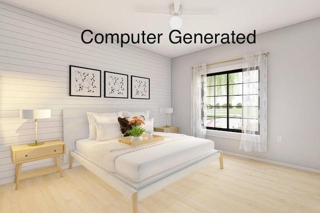 bedroom with ceiling fan and hardwood / wood-style flooring