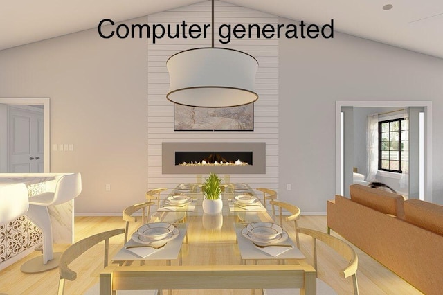 dining space featuring light wood-type flooring, vaulted ceiling, and a fireplace