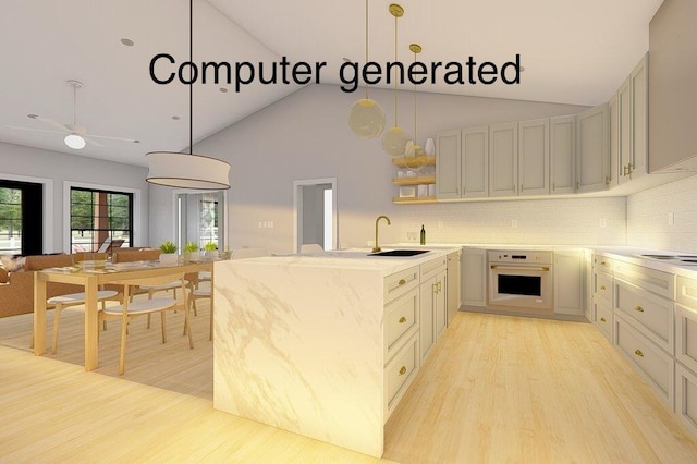 kitchen featuring pendant lighting, tasteful backsplash, sink, light hardwood / wood-style flooring, and oven