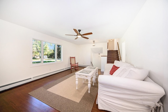 living room with ceiling fan, dark wood-type flooring, and a baseboard radiator