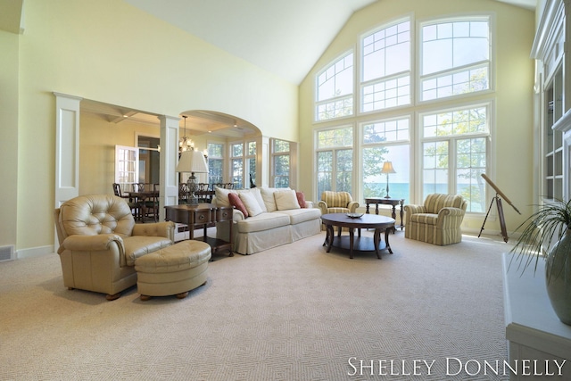 living room featuring decorative columns, a high ceiling, plenty of natural light, and light carpet