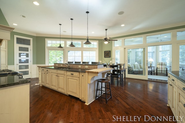 kitchen featuring pendant lighting, dark hardwood / wood-style flooring, an island with sink, a kitchen breakfast bar, and sink