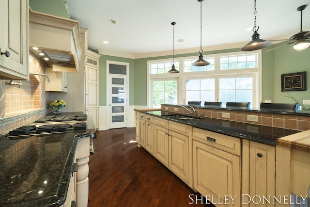 kitchen with dark wood-type flooring, sink, pendant lighting, and backsplash