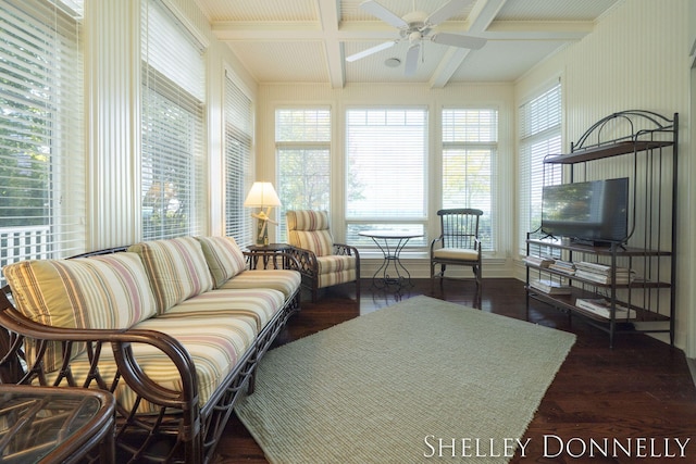 sunroom / solarium with ceiling fan, beam ceiling, and coffered ceiling