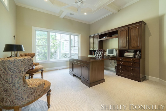 office area featuring ceiling fan, crown molding, light carpet, and coffered ceiling