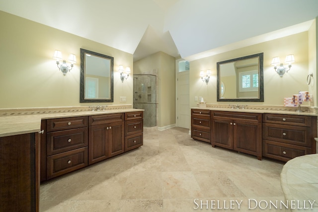 bathroom featuring vanity, vaulted ceiling, and an enclosed shower