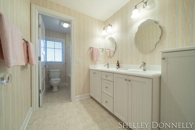 bathroom with vanity, toilet, and tile patterned flooring