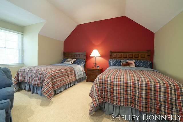 carpeted bedroom featuring lofted ceiling