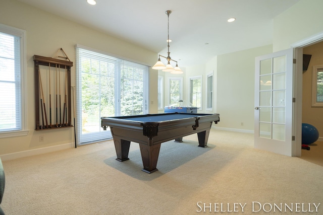 recreation room featuring pool table and light colored carpet