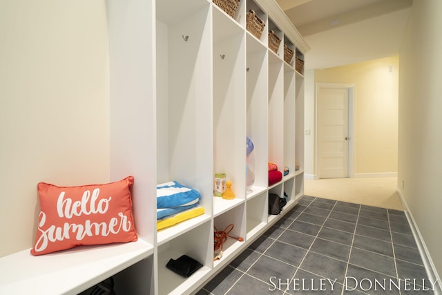 mudroom featuring dark colored carpet