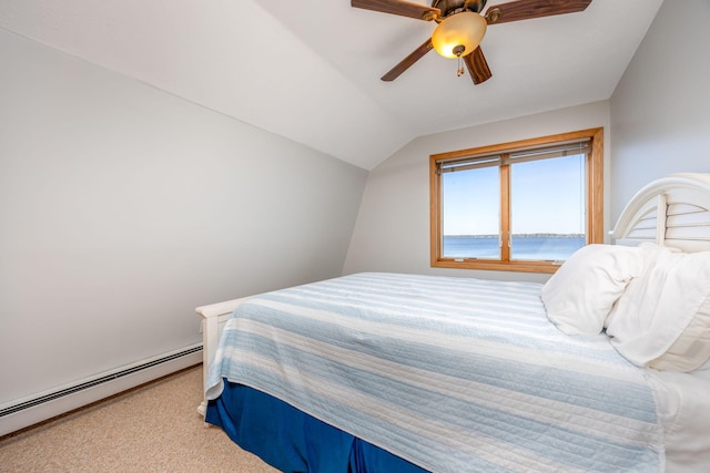 bedroom with a baseboard heating unit, carpet flooring, lofted ceiling, a water view, and ceiling fan