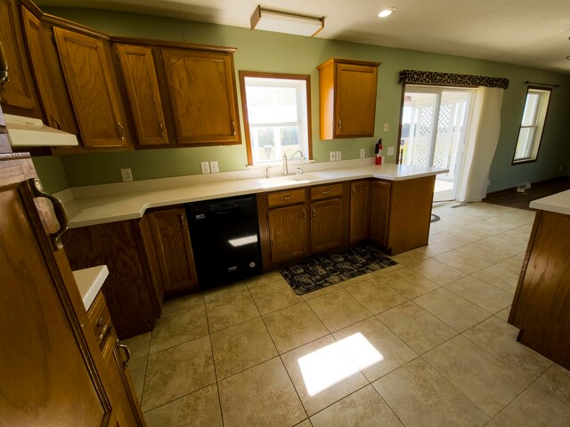 kitchen with black dishwasher, plenty of natural light, kitchen peninsula, and sink