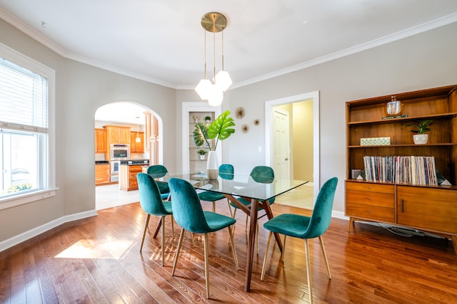 dining room featuring wood-type flooring and ornamental molding