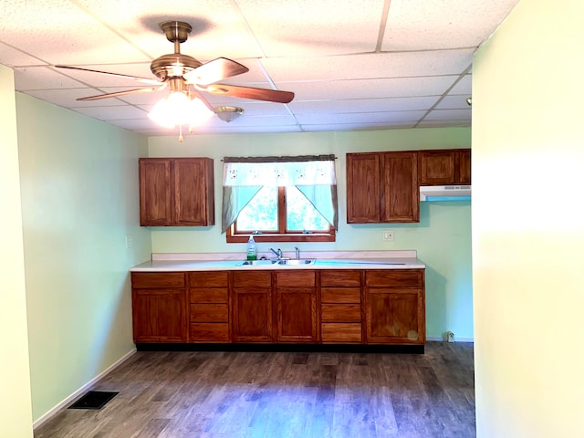 kitchen featuring ceiling fan, dark hardwood / wood-style floors, a paneled ceiling, and sink