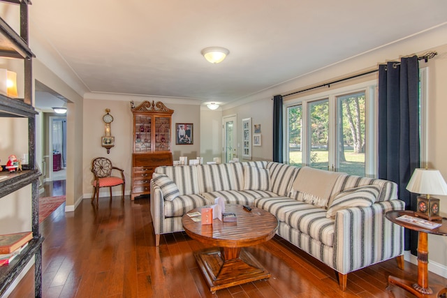 living room with ornamental molding and dark wood-type flooring