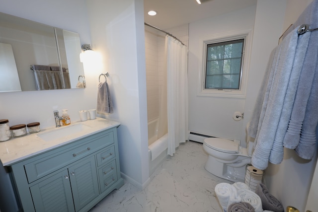 full bathroom featuring vanity, shower / bath combo with shower curtain, toilet, and baseboard heating