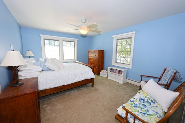 carpeted bedroom with ceiling fan, a baseboard heating unit, and multiple windows