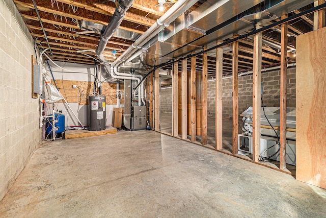 basement with electric water heater, electric panel, and heating unit