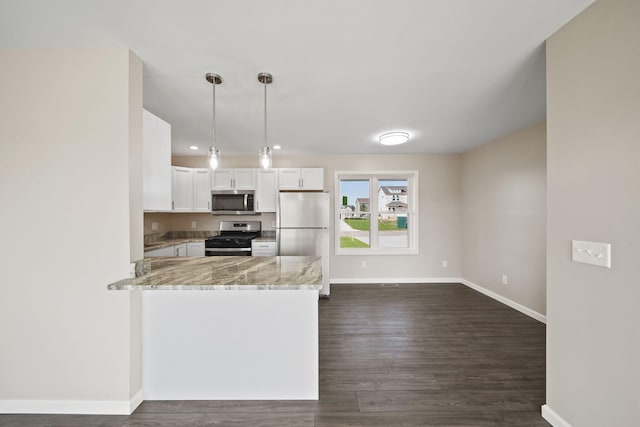 kitchen featuring hanging light fixtures, kitchen peninsula, dark wood-type flooring, white cabinetry, and stainless steel appliances