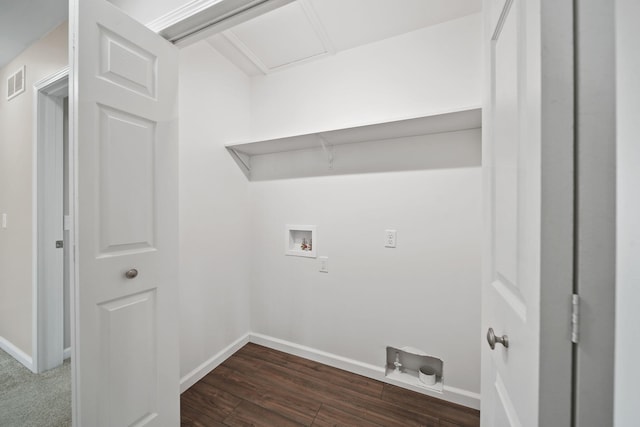 laundry area featuring dark wood-type flooring and washer hookup