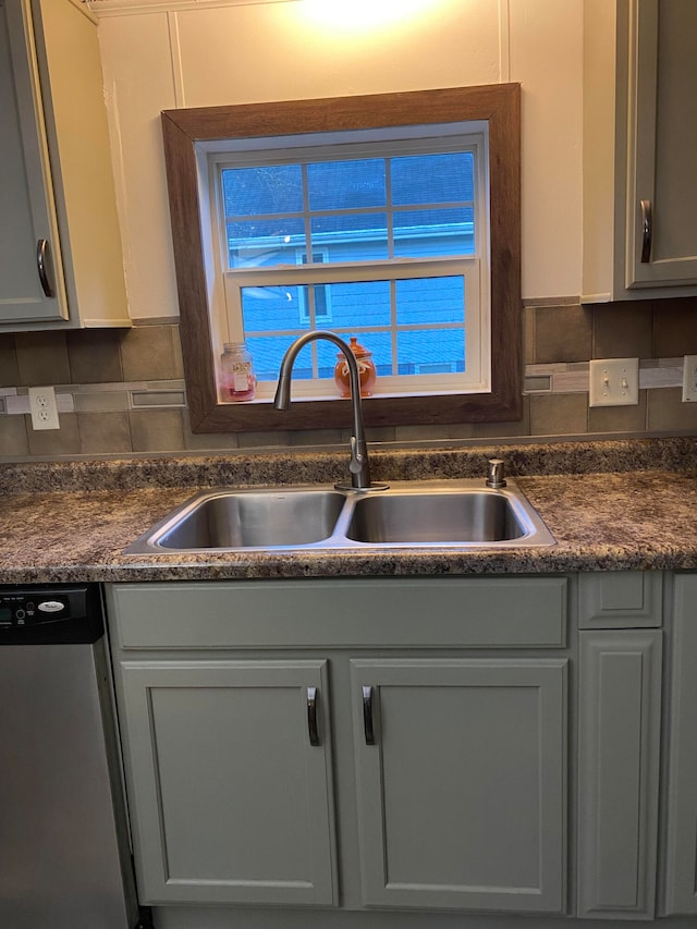 kitchen with gray cabinetry, decorative backsplash, sink, and stainless steel dishwasher