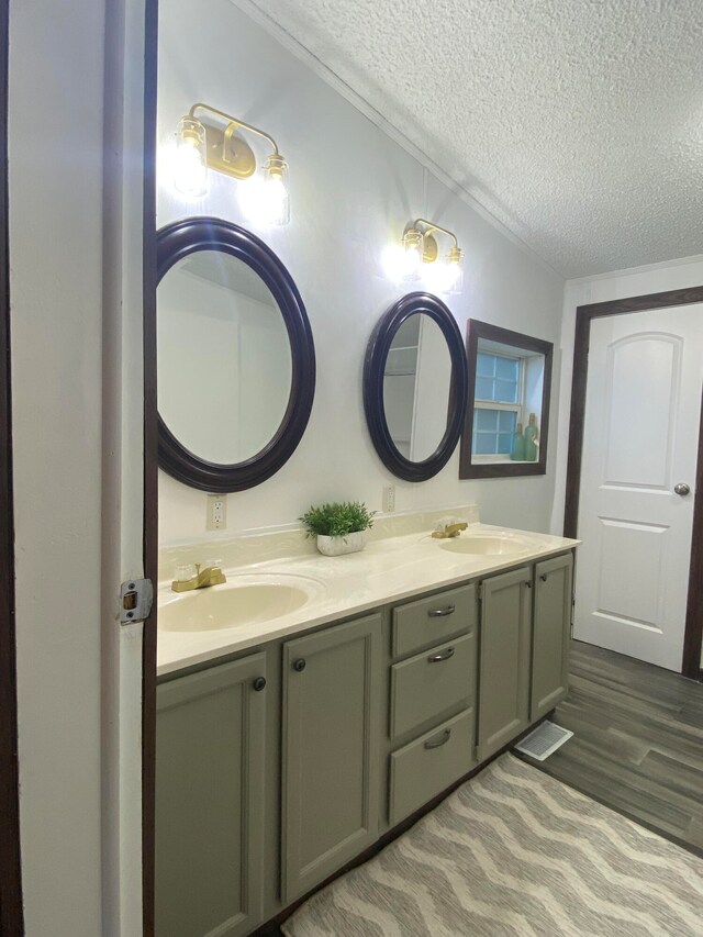 bathroom featuring vanity, hardwood / wood-style flooring, and a textured ceiling