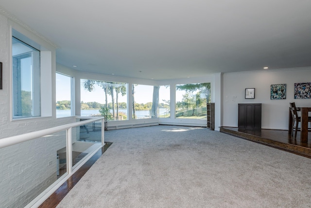 unfurnished living room with crown molding, dark hardwood / wood-style flooring, and a water view