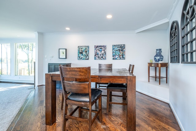 dining space featuring crown molding and dark hardwood / wood-style flooring