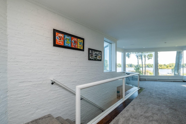 corridor featuring a water view, brick wall, and carpet floors