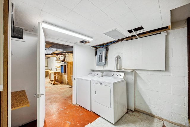 laundry area featuring electric panel and washer and clothes dryer