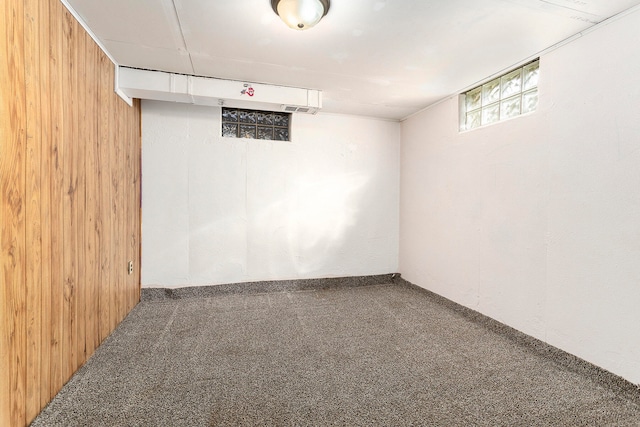 basement with wood walls and carpet flooring