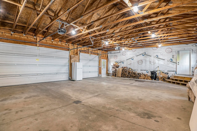 garage with white fridge