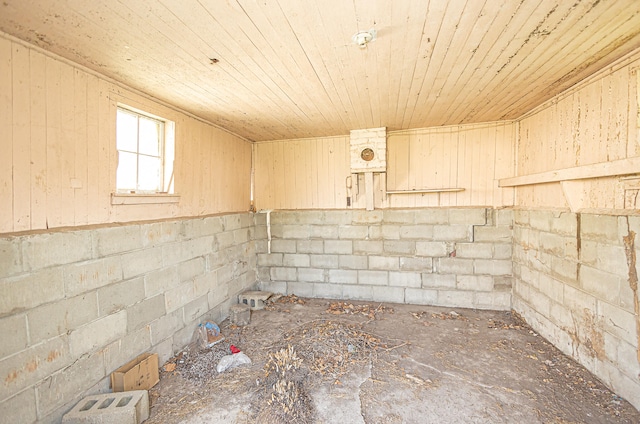 basement with wooden ceiling and wood walls