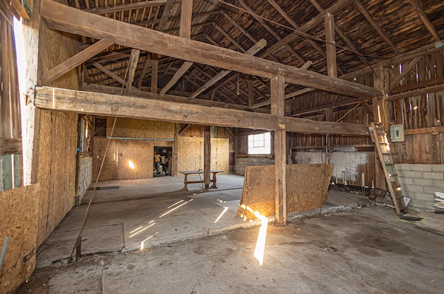 miscellaneous room featuring lofted ceiling