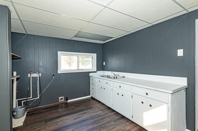 laundry room with sink, wood walls, and dark hardwood / wood-style flooring