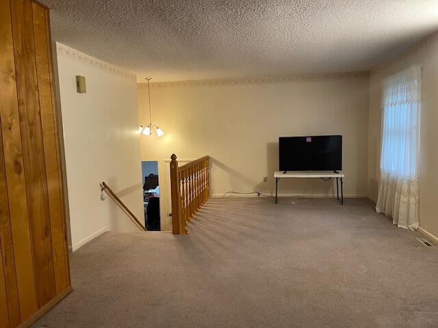 living room featuring carpet floors and a textured ceiling