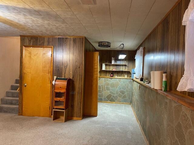 basement featuring light carpet and wood walls