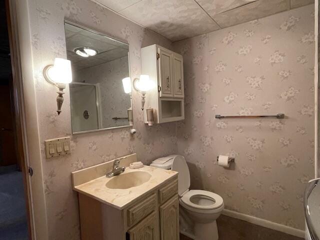 bathroom with vanity, toilet, and a shower