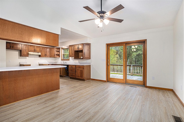 kitchen with lofted ceiling, ceiling fan, light hardwood / wood-style floors, and kitchen peninsula