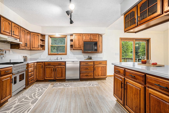 kitchen featuring sink, a textured ceiling, light hardwood / wood-style flooring, and appliances with stainless steel finishes