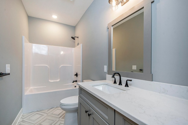 full bathroom with shower / tub combination, vanity, and toilet