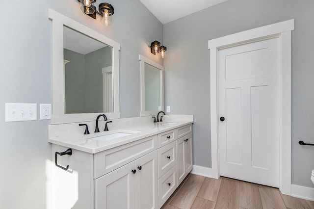 bathroom with vanity and hardwood / wood-style floors