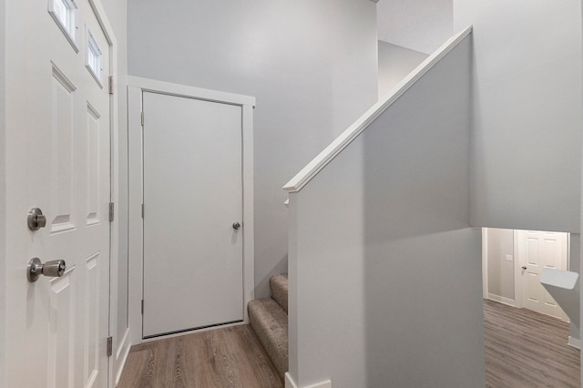 stairs featuring hardwood / wood-style flooring