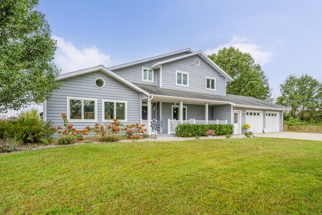 view of front facade with a front yard, a garage, and a porch